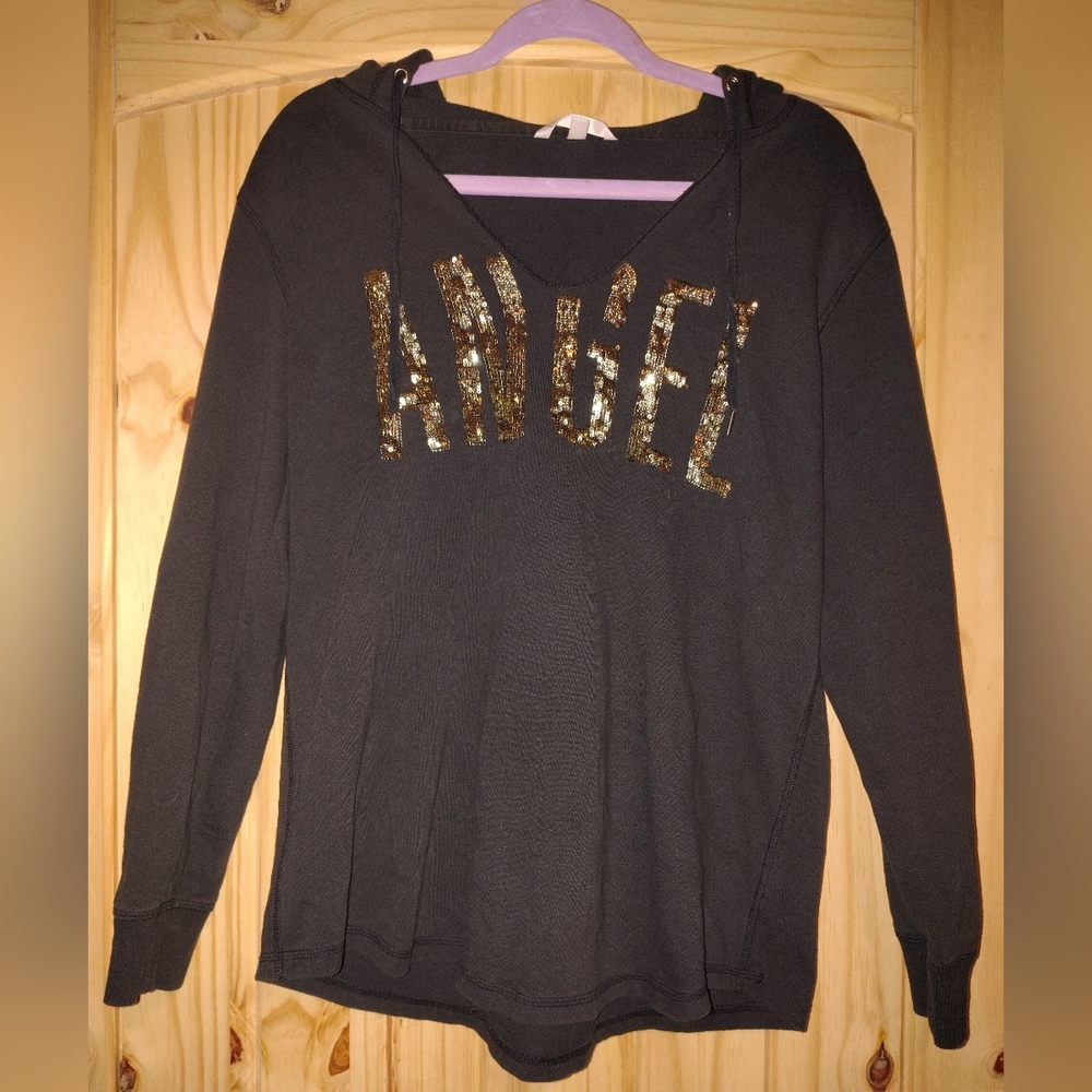 Victoria's Secret Women's Black Hoodie with Gold Lettering Angel Size Medium